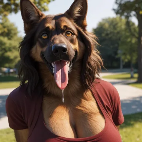 bust shot, detailed public park setting, warm lighting, (solo:1.3),
BREAK, staring into the camera, 20 years old, anthro dog german shepherd female with black and tan fur, muscular, lean build, long fluffy tail, bright amber eyes, (long brown hair, wavy ha...