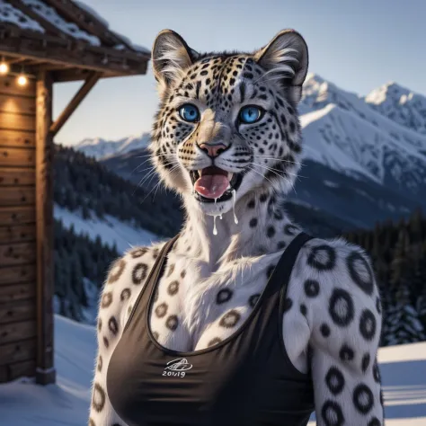 bust shot, detailed ski resort setting, cool lighting, (solo:1.3),
BREAK, staring into the camera, 20 years old, anthro leopard snow leopard female with white spotted fur, muscular, lean build, thin tail, blue eyes, (short silver hair, asymmetrical cut hai...