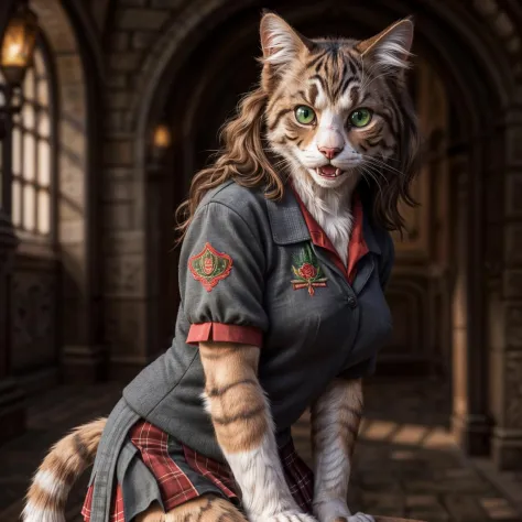 (full body image), detailed Hogwarts setting, warm lighting, (solo:1.3),
BREAK, staring into the camera, Emma Watson, (transformation, species transformation:1.3) into (cat), feral transformation, brown fur, muscular, lean build, long thin tail, (bright gr...