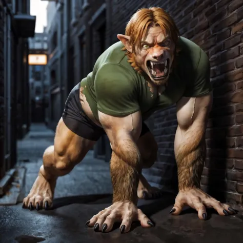 full body image, detailed city alley setting at night, cool lighting, (solo:1.3),
BREAK, on all fours, (chubby young man), (transformation, anthro transformation:1.3) into (werewolf), werewolf male with orange fur, (mid transformation), very muscular, hulk...