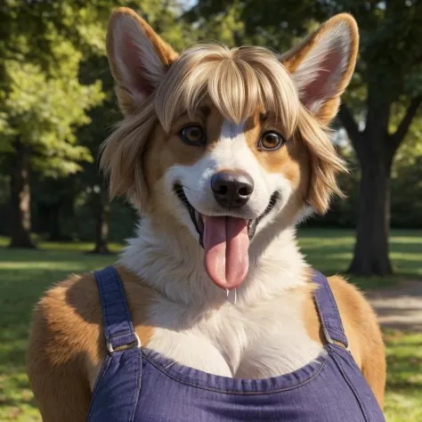 bust shot, detailed London park setting, warm lighting, (solo:1.3),
BREAK, staring into the camera, 20 years old, anthro dog corgi female with tan and white fur, muscular, lean build, fluffy tail, brown eyes, (short blonde hair, bob cut hairstyle), dog sno...