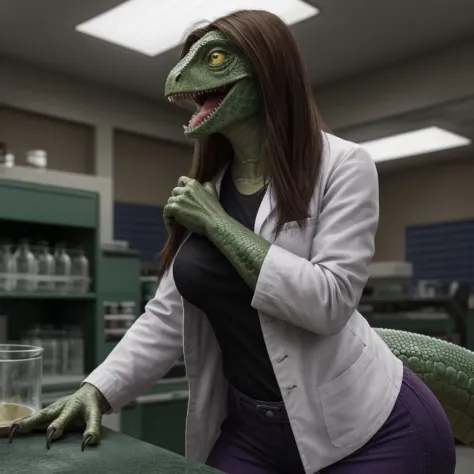 full body image, detailed laboratory interior setting, cool lighting, (solo:1.3)
BREAK, 20 years old, anthro lizard female with (green scales), muscular, lean build, bright yellow eyes, (large lizard tail), dark green breasts, no eyebrows, (long brown hair...