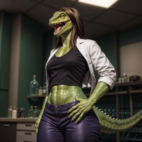 (full body image), detailed laboratory interior setting, cool lighting, (solo:1.3)
BREAK, 20 years old, anthro lizard female with (green scales), muscular, lean build, bright yellow eyes, (large lizard tail), dark green breasts, no eyebrows, (long brown ha...