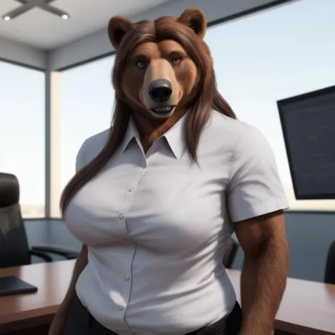 (realistic, photorealistic RAW Photo:1.4), full body image, detailed lawyer's office setting, warm lighting, (solo:1.3)
BREAK, facing the viewer, 20 years old, anthro bear grizzly bear female with brown fur, muscular, fat muscle, bright amber eyes, small b...