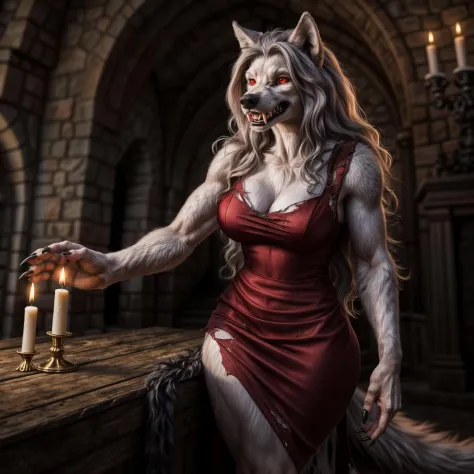 (full body image, far shot), detailed castle interior setting, candles, warm lighting, (solo:1.3),
BREAK, facing the viewer, 20 years old, monstrous werewolf female with white fur, extremely muscular, large fluffy tail, bright red eyes, (long silver hair, ...