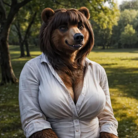bust shot, detailed London park setting, warm lighting, (solo:1.3),
BREAK, staring into the camera, 20 years old, anthro bear grizzly bear female with tan and white fur, fat, muscular, fat muscle, short fluffy tail, brown eyes, (short brown hair, bob cut h...