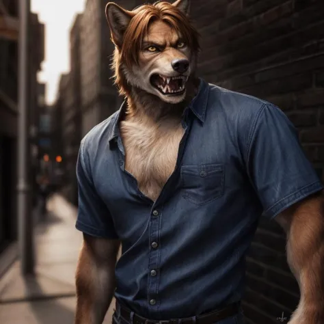 bust shot, detailed urban city sidewalk setting, warm lighting, (solo:1.3),
BREAK, staring into the camera, 20 years old, anthro wolf male with brown fur, very muscular, lean build, fluffy tail, yellow eyes, (short ginger hair, Leon Kennedy hairstyle), wol...