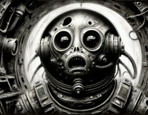 a close up of a gas mask with a face on it