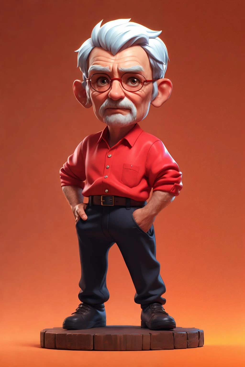 3dcharacter,old man,(full body:1.2),simple background, masterpiece,best quality,(red gradient background:1.1) ADDBASE 
 ADDCOL 
 ADDROW 
 brown hair ADDROW 
 (red shirt:1.1)  ADDROW 
 (black trousers:1.1),sports shoes  ADDROW 
 ADDCOL
