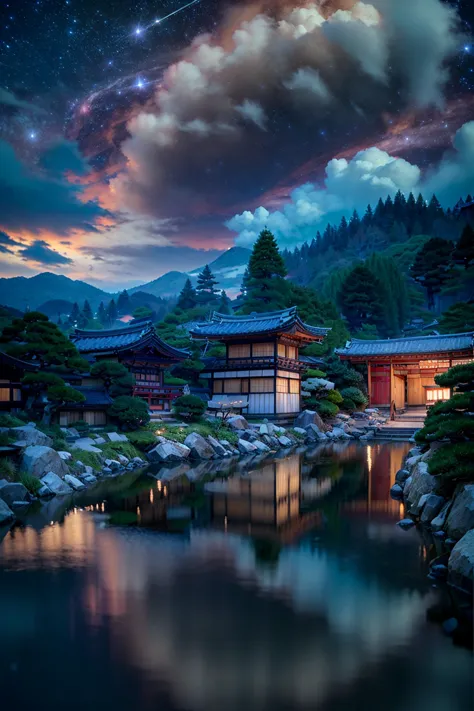 a view of a small pond in a japanese garden with a sky full of stars