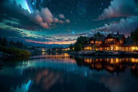 a view of a lake with a house and a sky full of stars