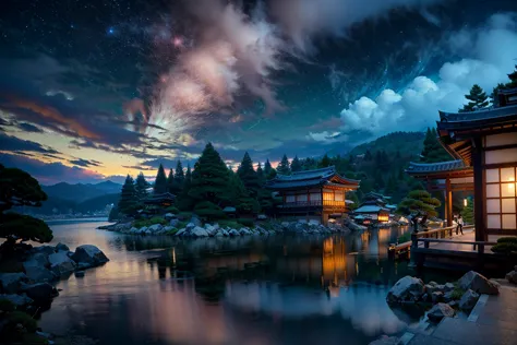 arafed view of a japanese tea house and a lake at night