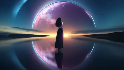 a woman standing in front of a large purple moon