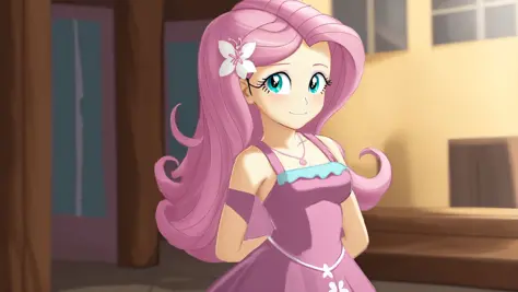 (masterpiece, best quality:1.2),<lora:mlp_fluttershy-11:1>,cowboy shot,solo,1girl,mlpfluttershy,slight smile,looking at viewer,arms behind back,hair flower,dress,
