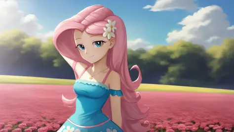 (masterpiece, best quality:1.2),<lora:mlp_fluttershy-11:1>,cowboy shot,solo,1girl,mlpfluttershy,slight smile,looking at viewer,arms behind back,hair flower,dress,in a field of flowers,clouds,dynamic lighting,