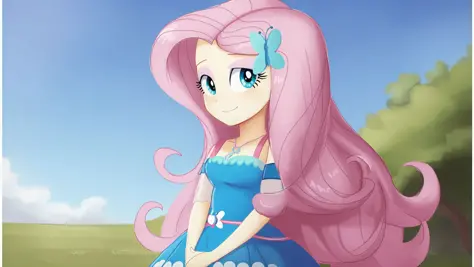 (masterpiece, best quality:1.2),<lora:mlp_fluttershy-11:1>,cowboy shot,solo,1girl,mlpfluttershy,slight smile,looking at viewer,arms behind back,hair flower,dress,