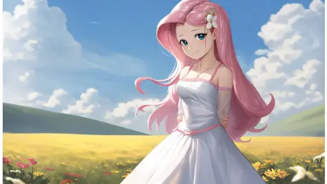 (masterpiece, best quality:1.2),<lora:mlp_fluttershy-11:1>,cowboy shot,solo,1girl,mlpfluttershy,slight smile,looking at viewer,arms behind back,hair flower,dress,in a field of flowers,clouds,dynamic lighting,
