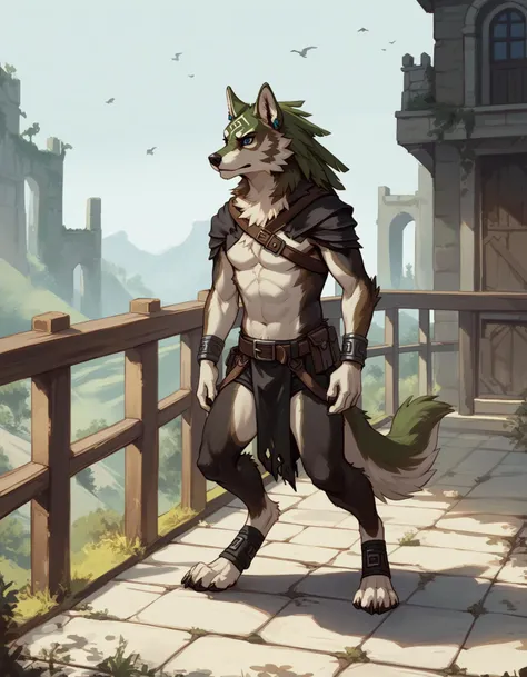 a cartoon wolf with a sword standing on a balcony