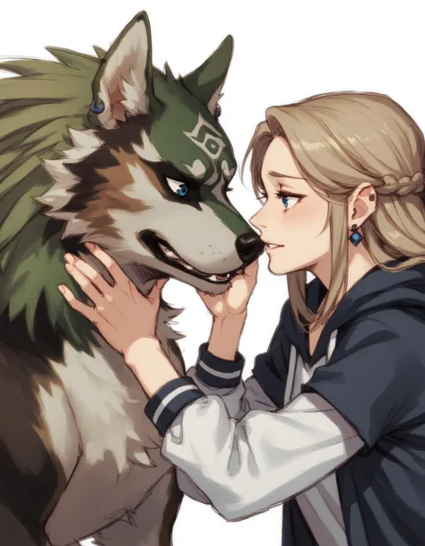 a woman is petting a wolf with a green and white collar