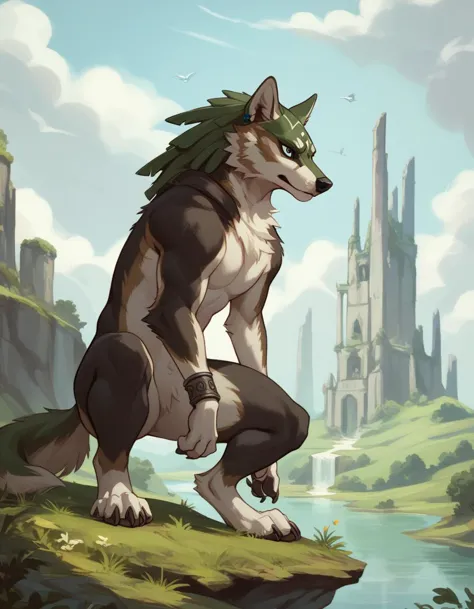 a drawing of a wolf standing on a hill with a castle in the background