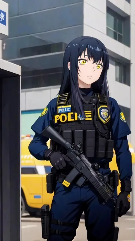 anime character with gun and police uniform standing in front of a building