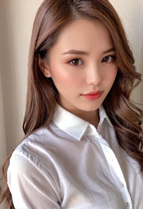 a close up of a woman with long hair wearing a white shirt