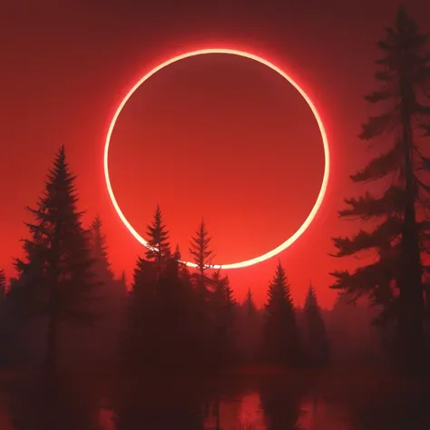 a red eclipse is seen over a forest with trees