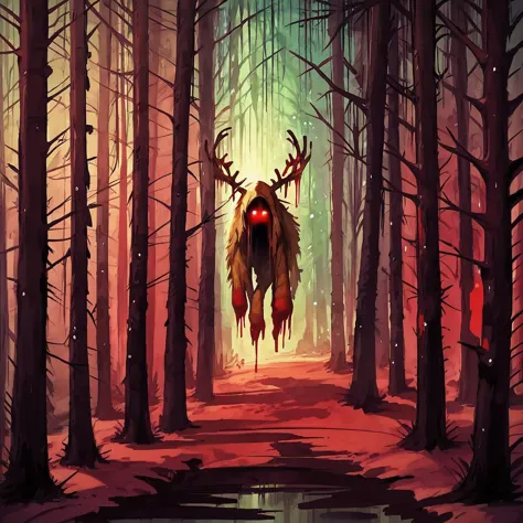 a painting of a deer in a forest with a red light