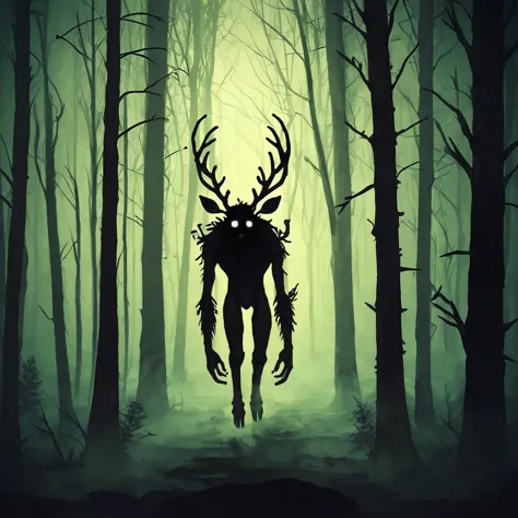 a dark forest with a deer in the middle of it