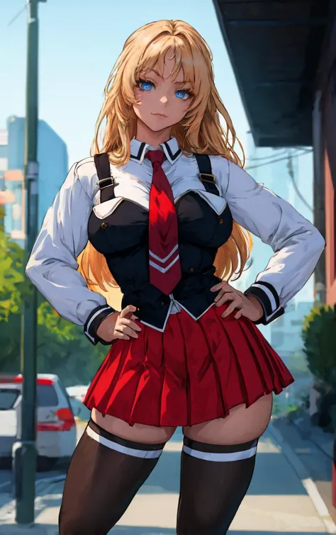 ((masterpiece, best quality)), insaneres, absurdres, solo, outdoors,
CLOTHING_BibleBlack_SchoolDress_ownwaifu, 
1girl, blonde hair,  long hair, blue eyes, 
black vest, red skirt, white shirt, collared shirt, suspenders, school uniform, black thighhighs, zettai ryouiki, necktie, long sleeves, pleated skirt, red necktie, 
(contrapposto, hand on hip)<lora:CLOTHING_BibleBlack_SchoolDress_ownwaifu:1>,
lens flare, depth of field, bokeh, embers, vanishing point, looking at viewer,