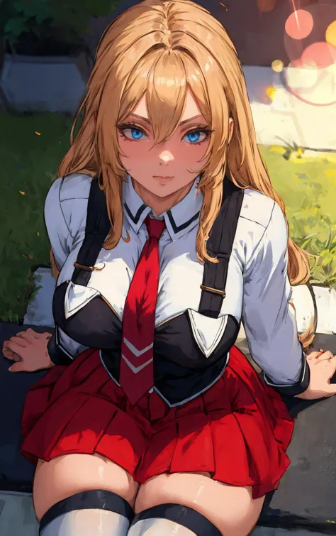 ((masterpiece, best quality)), insaneres, absurdres, solo, outdoors,
CLOTHING_BibleBlack_SchoolDress_ownwaifu, 
1girl, blonde ha...