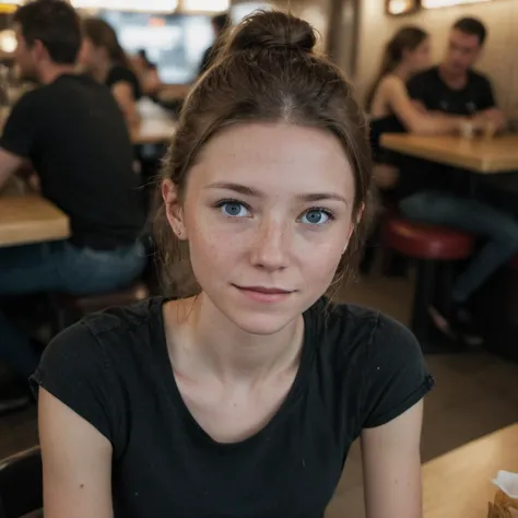 hyperdetailed, documentary photography of a 25 year old smirking girl, very skinny, pale, blue eyes, brown hair, ponytail, freckles, highly detailed face, BREAK wearing a (black crop t-shirt), BREAK (worn jeans), BREAKlooking up at viewer, sitting (dynamic pose:1.4) inside a crowded fast food restaurant in the evening, natural lighting, (seen from above:1.2), shot on Sony A7III, Porta 160, professional photographer