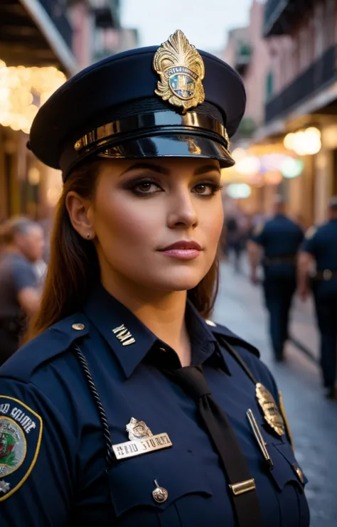cinematic film still female police officer on bourbon street during mardi gras,(full body shot:1.4),curvaceous,(facing the camer...