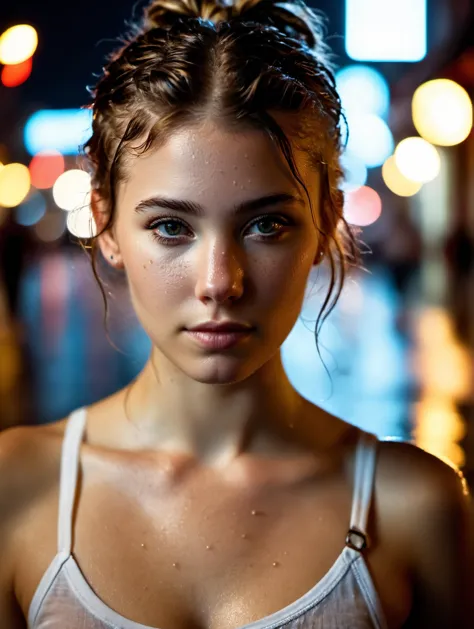 cinematic film still "Streetpunk Sexy" - Visualize a portrait of a young 22 year old woman on bourbon street at night. rainy night,The candid photo,taken from a distance,captures her (wet body:1.6) and indifferent expression in the midst of the urban night. She is wearing a white cotton shirt,torn denim jeans,with body sweat and wetness hinting at the city's humid atmosphere. messy hair,pigtails,candid pose,head tilt,The photo,taken with a Canon EOS 5D Mark III,showcases her natural skin texture,including subtle freckles (0.3) and acne (0.3),in hyperrealistic detail under soft,sharp lighting. The depth of field focuses on her detailed face,against a backdrop of soothing,muted colors and high contrast,creating a dark,yet gorgeous (1.2) and immersive night scene,from a distance, . shallow depth of field, vignette, highly detailed, high budget, bokeh, cinemascope, moody, epic, gorgeous, film grain, grainy