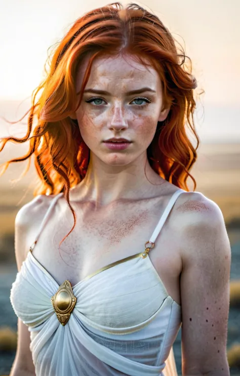 full body shot of a young redhead greek goddess,large chest,no armor or clothes,in a battlefield,winking at the viewer,golden hour,foggy,windswept hair,regal pose,pale white skin with freckles,over the shoulder view,, Ultra-HD-details