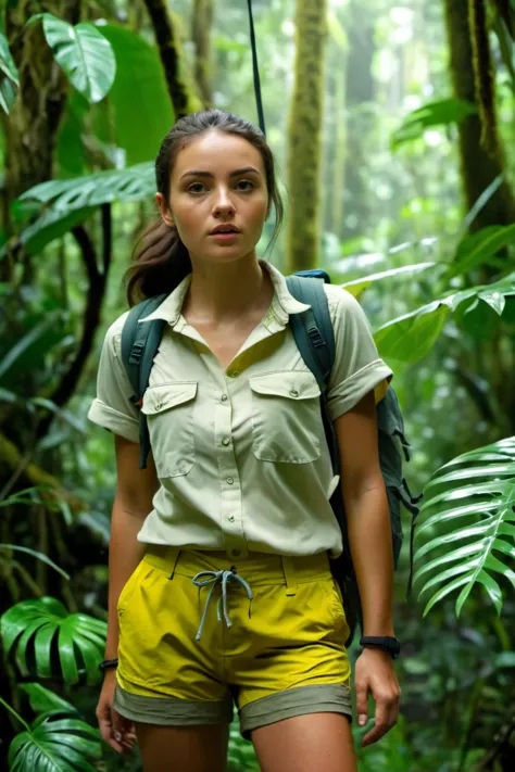 Lush rainforest expedition,25yo woman,brunette hair,yellow hiking shirt,micro shorts,khaki shorts,dense rainforest,midday,4k,adventurous trek,green foliage,natural explorer,high-quality jungle scene,vibrant ecosystem,high-definition,exotic,serene nature,clear lighting,wild and untouched,adventurous,refreshing.,cinematic film still of masterpiece, Hyperrealistic art cinematic film still photography in the style of detailed hyperrealism photoshoot