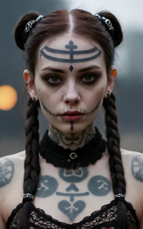 1 girl,solo,(pale skin:1.3),face tattoos,tattoos,body tattoos,demonic symbols,dusty background,fog,Black background,pigtails,sku...