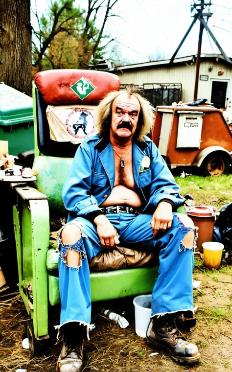 Grunge style a 1970's sitcom about a garbage man who lives in run down trailerpark on the edge of town,scene where he sits in an old lazy boy chair on his lawn . Textured, distressed, vintage, edgy, punk rock vibe, dirty, noisy