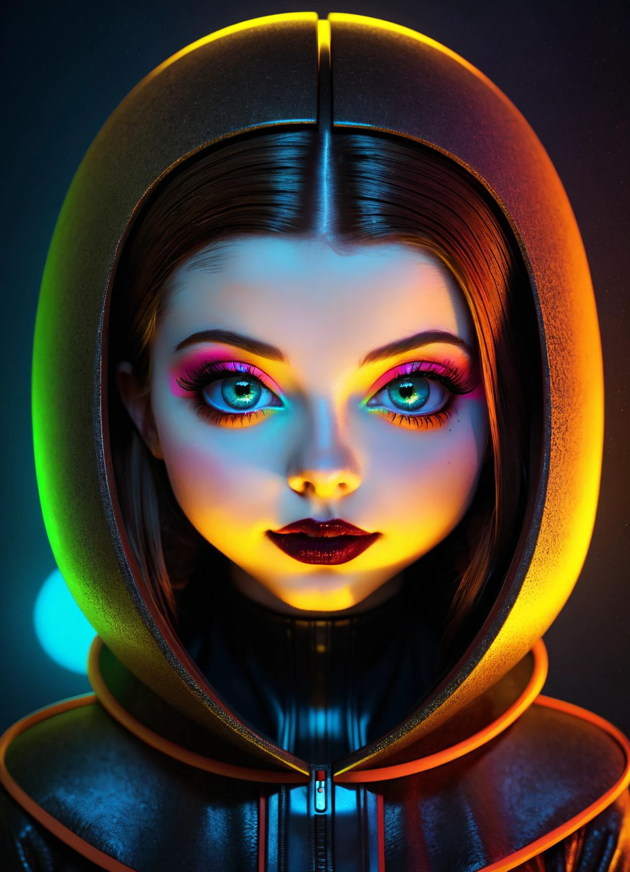 Ombre color scheme of neon yellow, neon blue, neon pink, neon green, neon orange, cinematic photo (in style of RAYMOND LOEWY:1.4) big eyed (alien woman:1.2), in the style of textured illustrations, dark gray and bronze, online sculpture, naoto hattori, jeremy lipking, dark sky-blue and orange  neon glitch g1h3r ral-hnycmb retro ink big eyes, subsurface scattering, Photorealistic, Hyperrealistic, analog style, realistic, film photography, soft lighting, heavy shadow, 35mm photograph, film, bokeh, professional, 4k, highly detailed