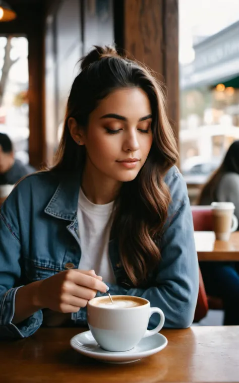 a 23 year old girl sits in a quiet coffee shop in San Fransisco,steaming cup of hot coffee on her table,serene,relaxed,casual, H...