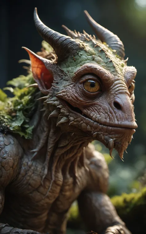 a close up of a statue of a dragon with horns and moss on its head