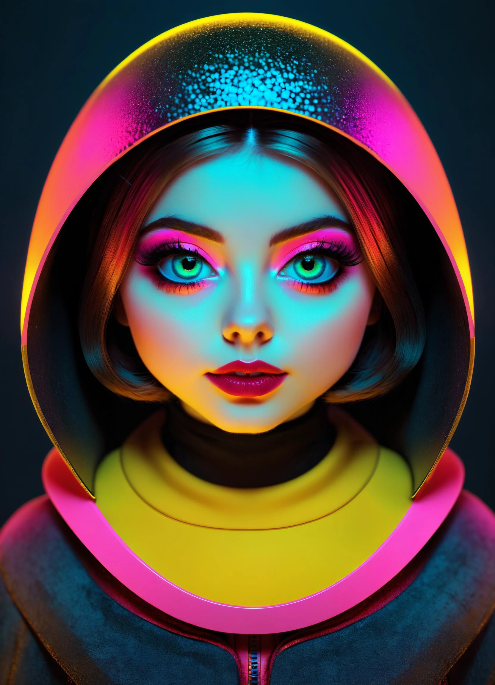 Ombre color scheme of neon yellow, neon blue, neon pink, neon green, neon orange, cinematic photo (in style of RAYMOND LOEWY:1.4) big eyed (alien woman:1.2), in the style of textured illustrations, dark gray and bronze, online sculpture, naoto hattori, jeremy lipking, dark sky-blue and orange  neon glitch g1h3r ral-hnycmb retro ink big eyes, subsurface scattering, Photorealistic, Hyperrealistic, analog style, realistic, film photography, soft lighting, heavy shadow, 35mm photograph, film, bokeh, professional, 4k, highly detailed