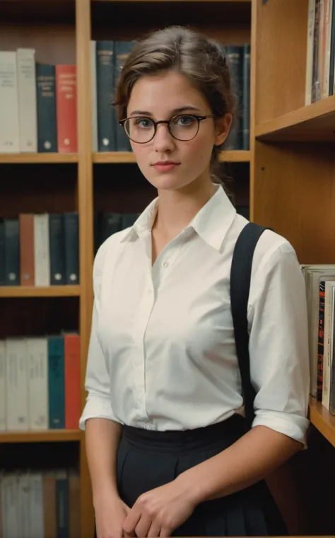 a 23 year old Swiss librarian stands between bookshelves,looking at the viewer seductively,white button up shirt,black skirt,reading glasses,RAW candid cinema,16mm,color graded portra 400 film,remarkable color,ultra realistic,textured skin,remarkable detailed pupils,realistic dull skin noise,visible skin detail,skin fuzz,dry skin,shot with cinematic camera