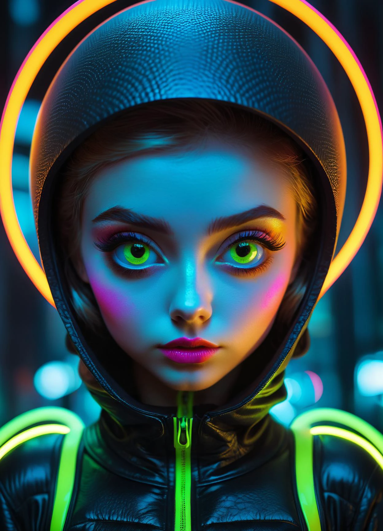 cinematic photo Ombre color scheme of neon green, neon yellow, neon blue, neon pink, neon orange, (in style of RAYMOND LOEWY:1.4)  young big eyed (alien girl:1.2), in the style of textured illustrations, dark gray and bronze, online sculpture, naoto hattori, jeremy lipking, dark sky-blue and orange  neon glitch g1h3r ral-hnycmb retro ink subsurface scattering, Photorealistic, Hyperrealistic, analog style, realistic, film photography, soft lighting, heavy shadow, 35mm photograph, film, bokeh, professional, 4k, highly detailed
