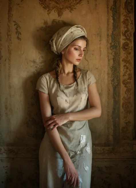 arafed woman in a white dress and a turban leaning against a wall