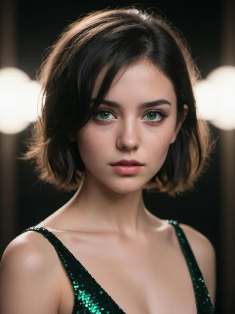 portrait of a 22 year old  actress,(intense stare:1.3),flirty,(upperbody:1.2),(face focus:1.1),(facing the camera:1.2),((black sequin dress)),((low cut dress)),emerald green eyes,head in the center,playful expression,(facing straightforward:1.2),(forward facing:1.1),face,Head,Head focus,bokeh,f1.4,40mm,photorealistic,raw,8k,skin pores,black hair,short hair,trendy,intricate details,dramatic light,RAW photography,film grain,(indistinguishable from reality:1.4),photo taken with a Bolex H16,rim lighting,(black dress:1.4),, detailed skin texture, (blush:0.2), (goosebumps:0.3), subsurface scattering