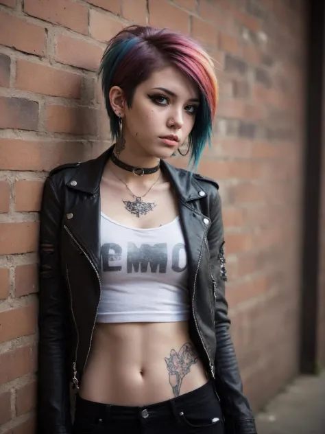 thin 22 year old emo girl,multicolored hair,emo hairdo,choker collar,ripped denim jeans,tube top,natural leather jacket,leaning ...
