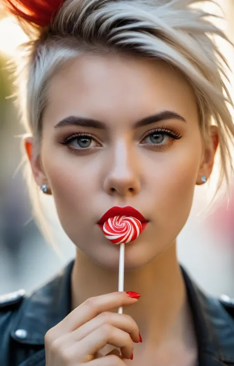 concept art 21 year old European supermodel,punk hair do,holding a small red lollipop in front of her chin,artsy,bokeh,f1.4,40mm...