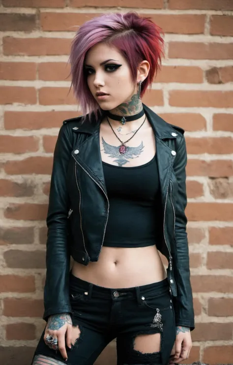 concept art thin 22 year old emo girl,multicolored hair,emo hairdo,choker collar,ripped denim jeans,tube top,natural leather jac...