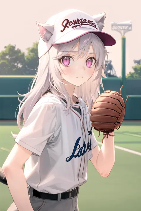 anime girl in baseball uniform holding a baseball glove on a baseball field